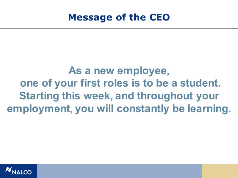 Message of the CEO As a new employee,  one of your first roles